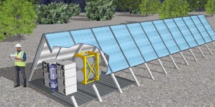 Pozos virtuales de gas con equipos que incluyen paneles solares y electrolizadores de hidrógeno para producir metano sintético.