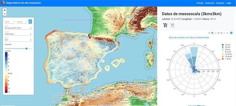 Nueva web del CENER para consultar los datos de recursos eólicos de la península Ibérica.
