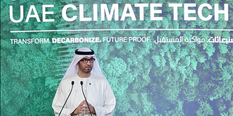 Dr. Al Jaber, ministro de Industria y Tecnología Avanzada de los Emiratos Árabes Unidos y presidente designado de la COP28, durante la intervención en la UAE Climate Tech.
