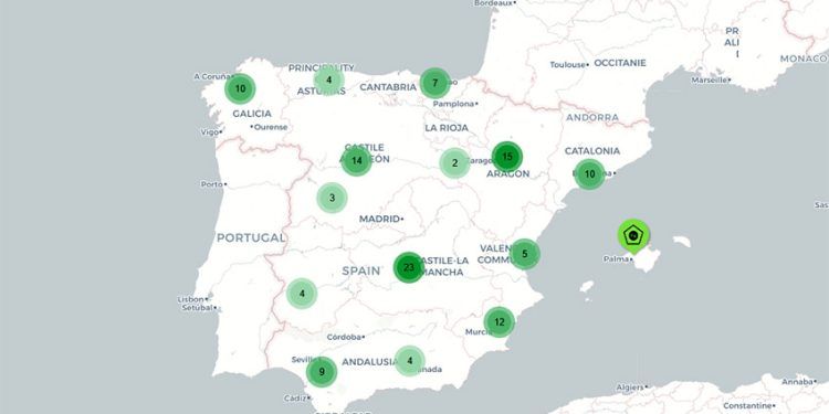 Mapa interactivo del censo de proyectos de la Asociación Española del Hidrógeno (AeH2).