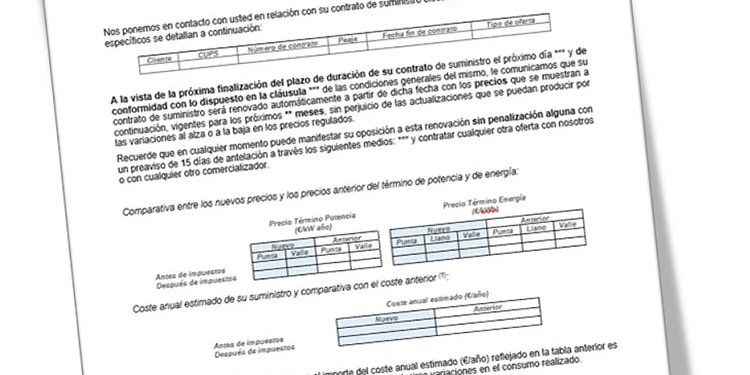 Ejemplo de modelo de comunicación de revisión de precios de la CNMC.