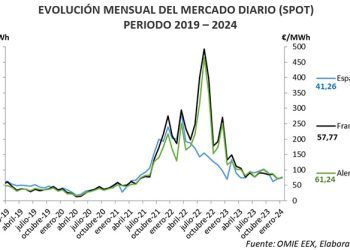 Barómetro Energético AEGE. Evolución del precio del mercado diario de 2019 a 2024.